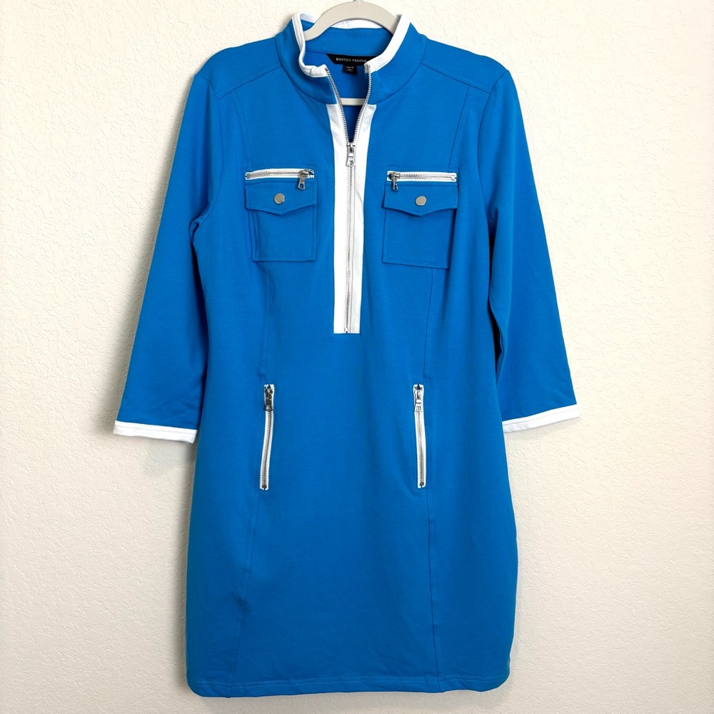 Boston Proper Blue Three Quarter Sleeve Zip Dress Women’s Medium Preppy Sporty